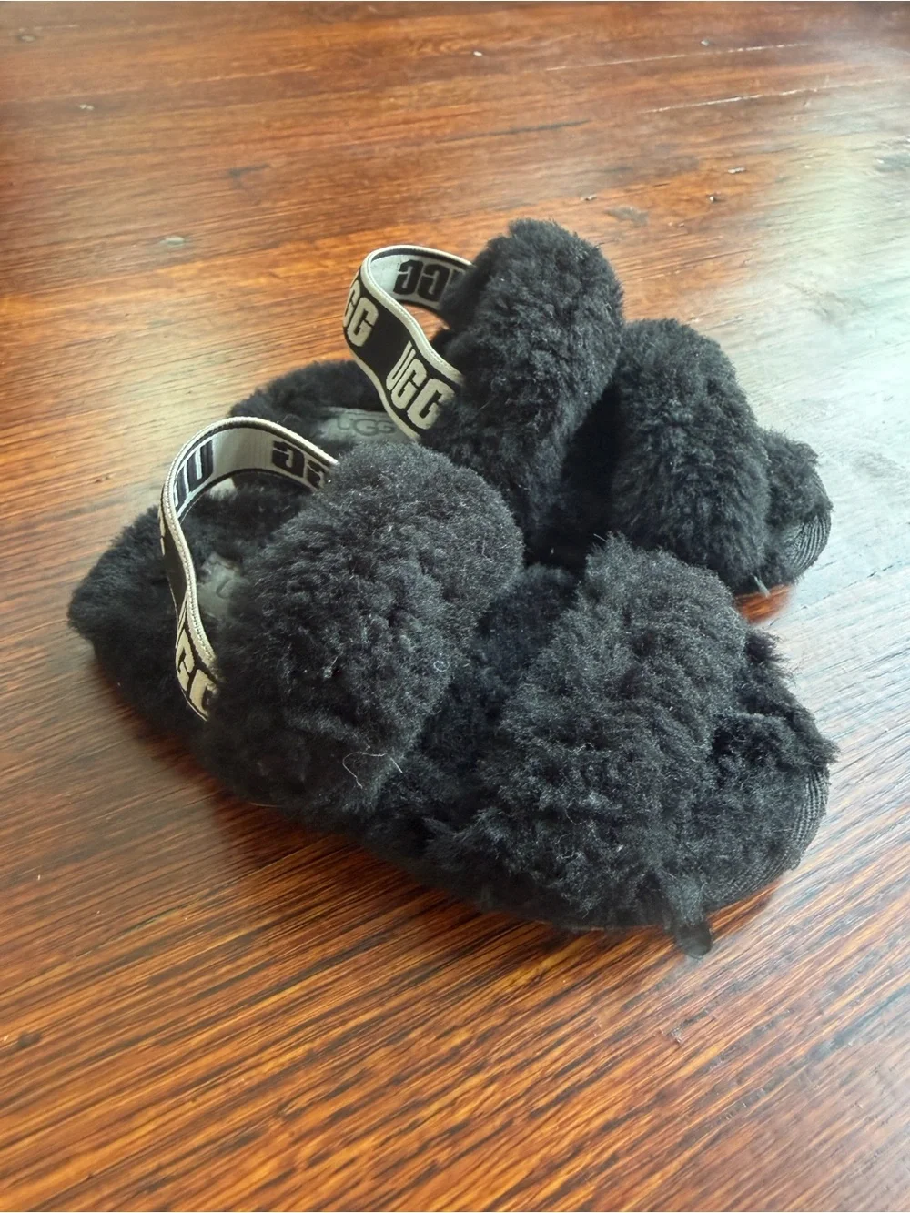 UGG‎ Black Shearling Double-Strap Slide Sandals with Branded Heel